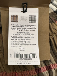 Burberry Delilah Women’s Toupe Brown Check Dress 2 US (36 Euro) 8099412 NWT $820