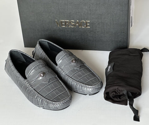 VERSACE Croc-Effect Men's Leather Driver Shoes Gray 7 US (40) 1013960 NIB $850