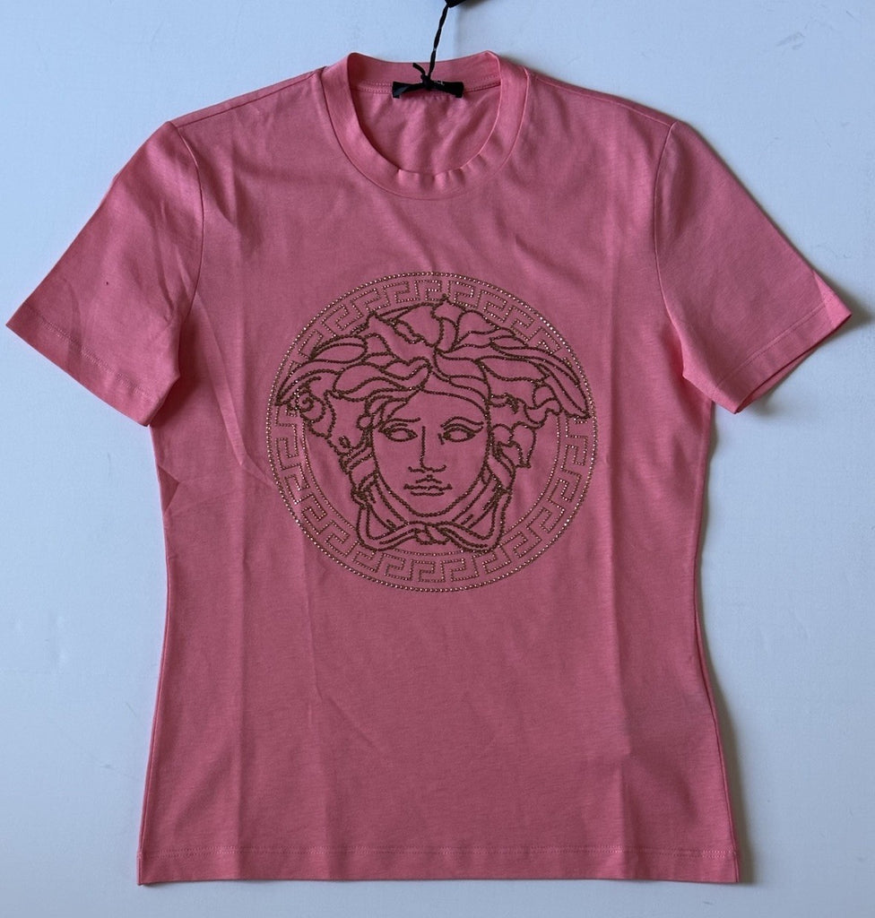 Versace Medusa Rhinestone Pink Jersey T-Shirt 10 US (46 Eu) 1010069 NWT $750