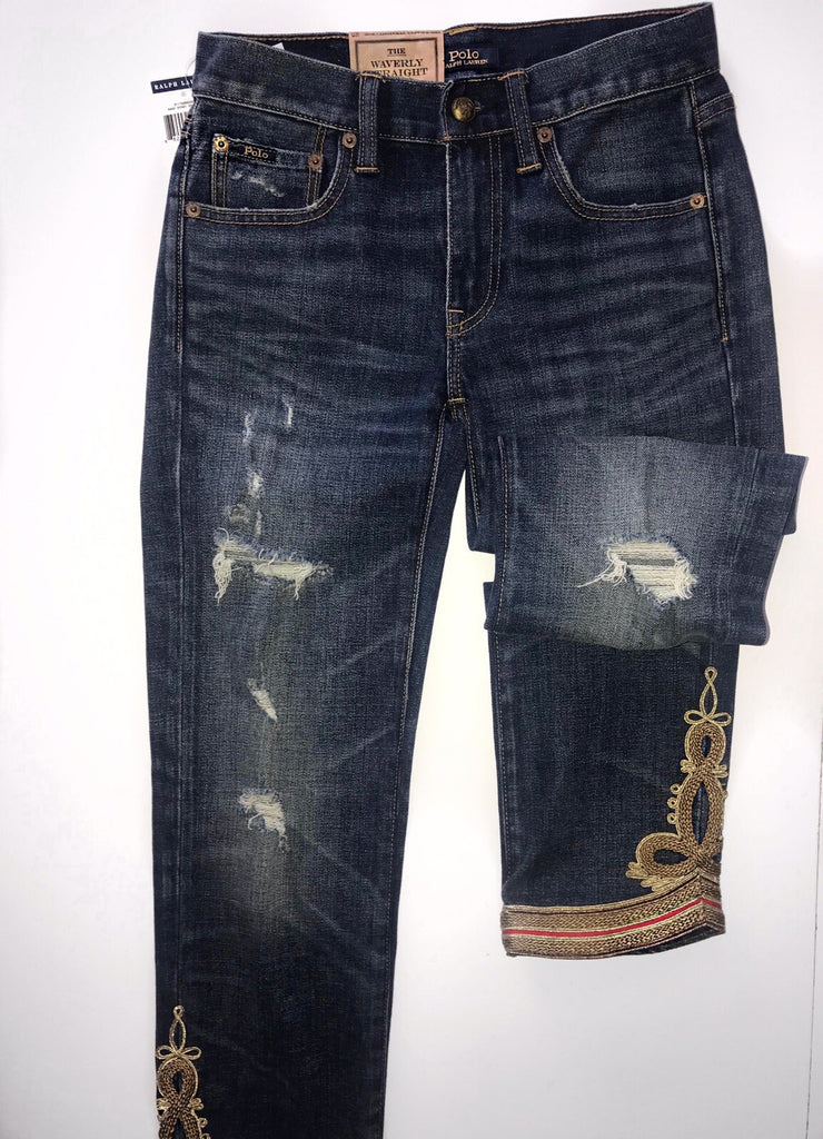 Polo Ralph Lauren Waverly Straight Crop Embroidered Blue Jeans Size 25 NWT $298