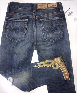 Polo Ralph Lauren Waverly Straight Crop Embroidered Blue Jeans Size 25 NWT $298