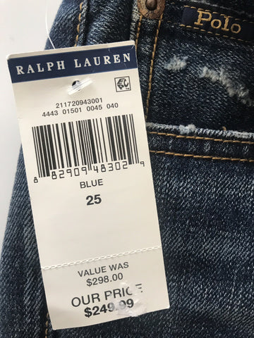 Polo Ralph Lauren Waverly Straight Crop Embroidered Blue Jeans Size 25 NWT $298