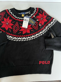 Polo Ralph Lauren Girls Black Let it Snow Cotton Sweater Size L (12-14) NWT $145