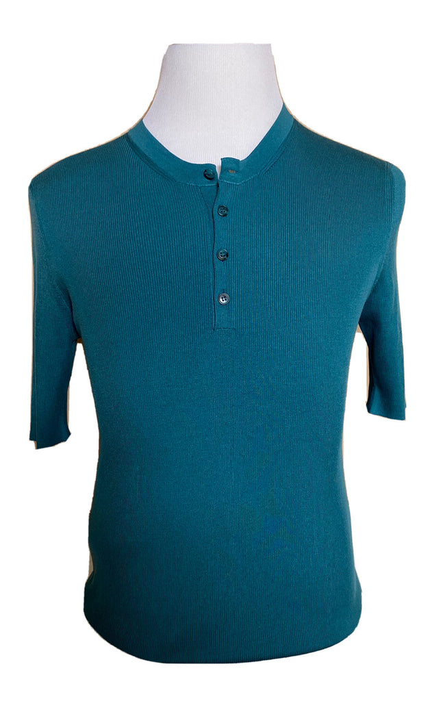 $995 Dolce&Gabbana Silk Short Sleeve Henley Shirt Teal 44 US (54 Euro) Italy NWT