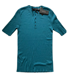 $995 Dolce&Gabbana Silk Short Sleeve Henley Shirt Teal 44 US (54 Euro) Italy NWT