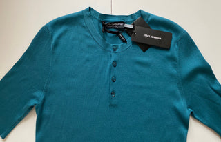 $995 Dolce&Gabbana Silk Short Sleeve Henley Shirt Teal 44 US (54 Euro) Italy NWT