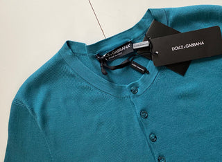 $995 Dolce&Gabbana Silk Short Sleeve Henley Shirt Teal 44 US (54 Euro) Italy NWT