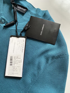 $995 Dolce&Gabbana Silk Short Sleeve Henley Shirt Teal 44 US (54 Euro) Italy NWT