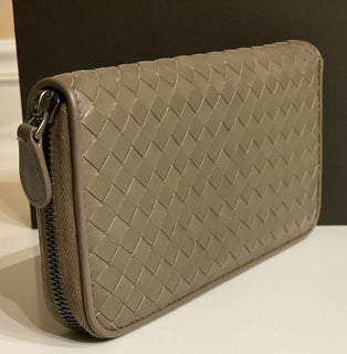 Bottega Veneta Intrecciato Zipper French Calf Leather Wallet Steel 518389 IT NWT