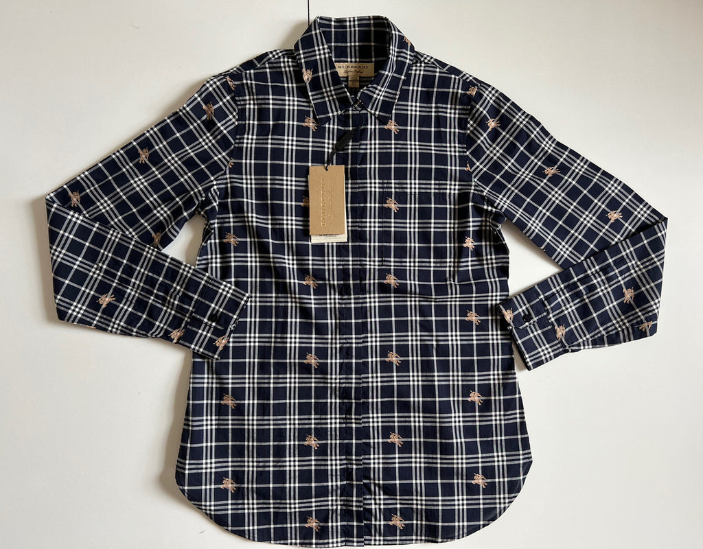 Burberry Women's Navy Checks Button-Up Shirt 4 US (6 UK) NWT $350