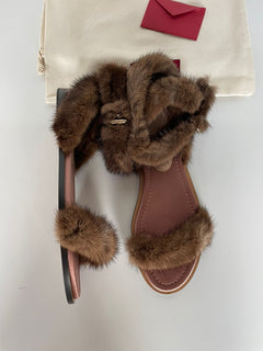 Valentino Garavani Mink Fur & Leather Ankle-Strap Flat Sandals 7.5 US NIB $1375