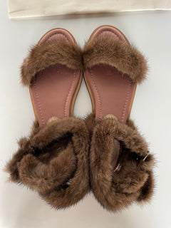 Valentino Garavani Mink Fur & Leather Ankle-Strap Flat Sandals 7.5 US NIB $1375