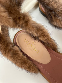 Valentino Garavani Mink Fur & Leather Ankle-Strap Flat Sandals 7.5 US NIB $1375
