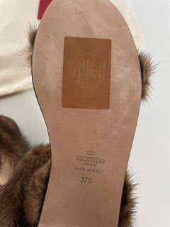 Valentino Garavani Mink Fur & Leather Ankle-Strap Flat Sandals 7.5 US NIB $1375