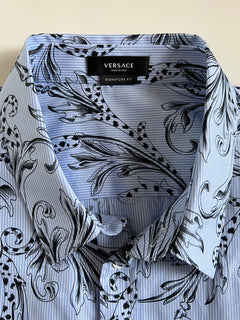 Versace Blue Graphic Print Dress Shirt Size 46 A87409 Made in Italy NWT $850