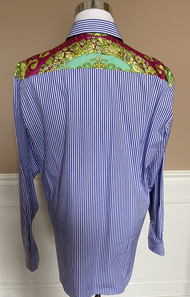 Versace Blue Stripe and Graphic Print Dress Shirt Size 41 A83115 Italy NWT $795