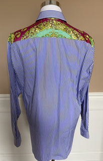 Versace Blue Stripe and Graphic Print Dress Shirt Size 41 A83115 Italy NWT $795