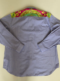 Versace Blue Stripe and Graphic Print Dress Shirt Size 41 A83115 Italy NWT $795