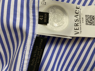 Versace Blue Stripe and Graphic Print Dress Shirt Size 41 A83115 Italy NWT $795