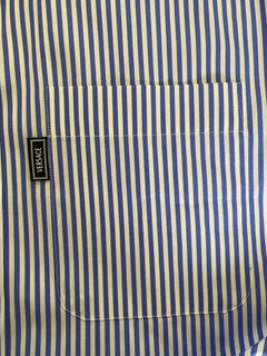 Versace Blue Stripe and Graphic Print Dress Shirt Size 41 A83115 Italy NWT $795