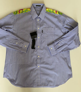 Versace Blue Stripe and Graphic Print Dress Shirt Size 41 A83115 Italy NWT $795