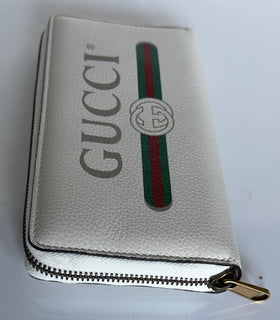 Gucci G Web Gucci Print Zip Around  Ivory Card Medium Wallet 496317 Italy NWT