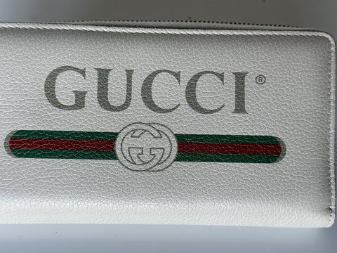 Gucci G Web Gucci Print Zip Around  Ivory Card Medium Wallet 496317 Italy NWT