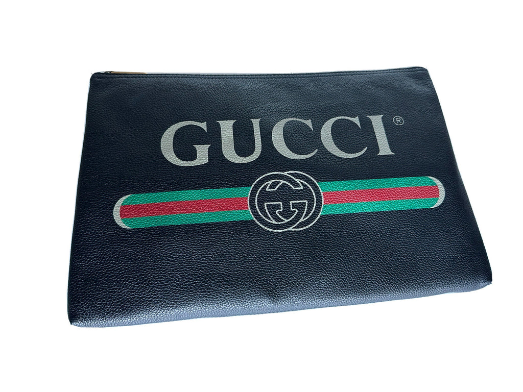 Gucci G Web Gucci Print Zip Around Black Pouch Made in Italy New