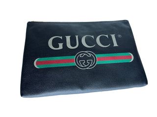 Gucci G Web Gucci Print Zip Around Black Pouch Made in Italy New