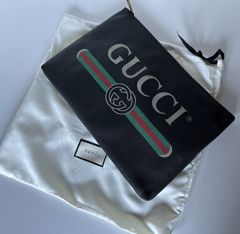 Gucci G Web Gucci Print Zip Around Black Pouch Made in Italy New