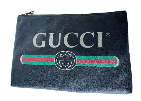 Gucci G Web Gucci Print Zip Around Black Pouch Made in Italy New