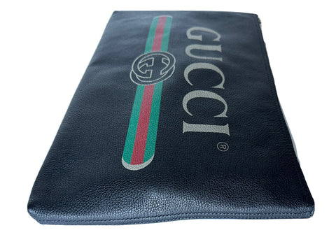 Gucci G Web Gucci Print Zip Around Black Pouch Made in Italy New