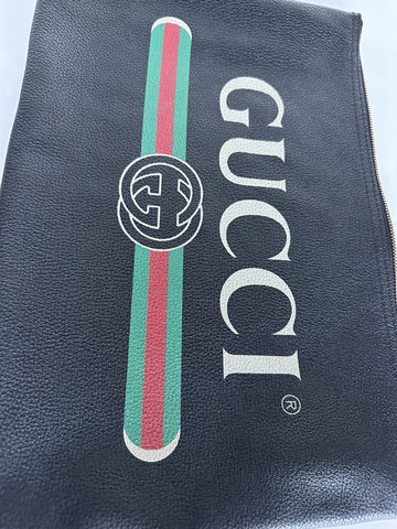 Gucci G Web Gucci Print Zip Around Black Pouch Made in Italy New