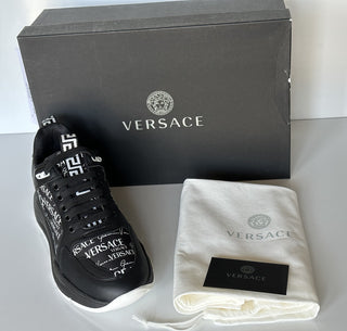 VERSACE Leather & Printed Fabric Sneakers Black 7 US (40 Eu) 1002781 IT NIB $950