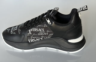 VERSACE Leather & Printed Fabric Sneakers Black 7 US (40 Eu) 1002781 IT NIB $950