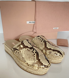 MIU MIU Women's Beige Snake Print Leather Espadrille Mules 9 US 5S787C NIB