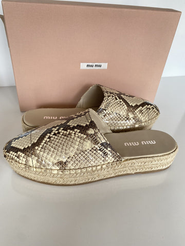 MIU MIU Women's Beige Snake Print Leather Espadrille Mules 9 US 5S787C NIB