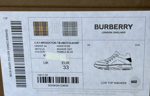 Burberry K1-Brockton Boys Sneakers Pebble Blue 33 Euro 80446281 NWT $410