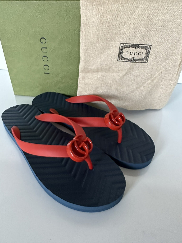 Gucci Men's Red/Blue Double G Thong Flip Flops 10.5 US (Gucci 10) 659229 NIB