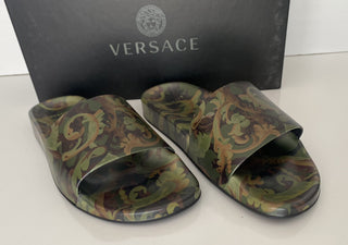 Versace Baroccoflage Slides Sandals Khaki 8 US (41 Euro) IT DSU6516 NIB $395