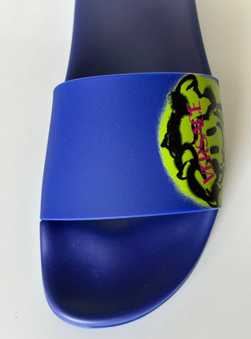 Versace Smiley Medusa Slides Sandals Blue/Lime 12 US (45) DSU6516 IT NIB $450