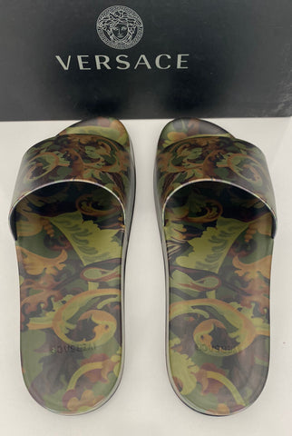 Versace Baroccoflage Slides Sandals Khaki 13 US (46 Euro) IT DSU6516 NIB $395