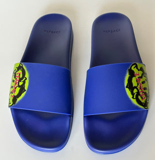 Versace Smiley Medusa Slides Sandals Blue/Lime 10 US (43 Eu) DSU6516 IT NIB $450