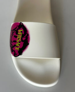 Versace Smiley Medusa Slides Sandals White/Fuxia 7 US DSR609CN Italy NIB $500