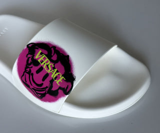 Versace Smiley Medusa Slides Sandals White/Fuxia 8 US DSR609CN Italy NIB $500