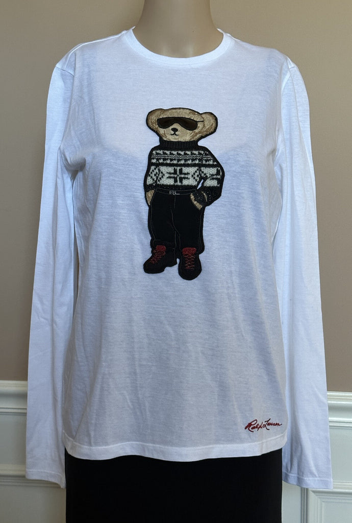 NWT $450 Polo Ralph Lauren Purple Label Bear White Long Sleeve T-Shirt S IT