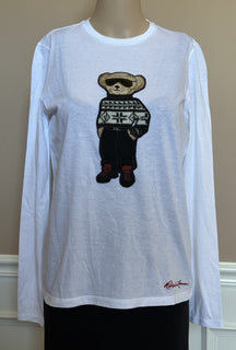 NWT $450 Polo Ralph Lauren Purple Label Bear White Long Sleeve T-Shirt S IT