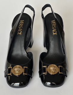 Versace Medusa Head Sling Back Patent Leather Black Shoes 6.5 US 1014618 NIB