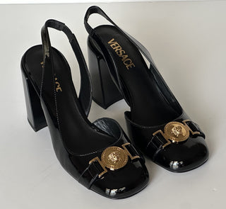 Versace Medusa Head Sling Back Patent Leather Black Shoes 7.5 US 1014618 NIB
