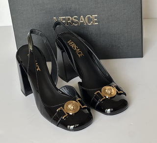 Versace Medusa Head Sling Back Patent Leather Black Shoes 8 US 1014618 NIB $1000